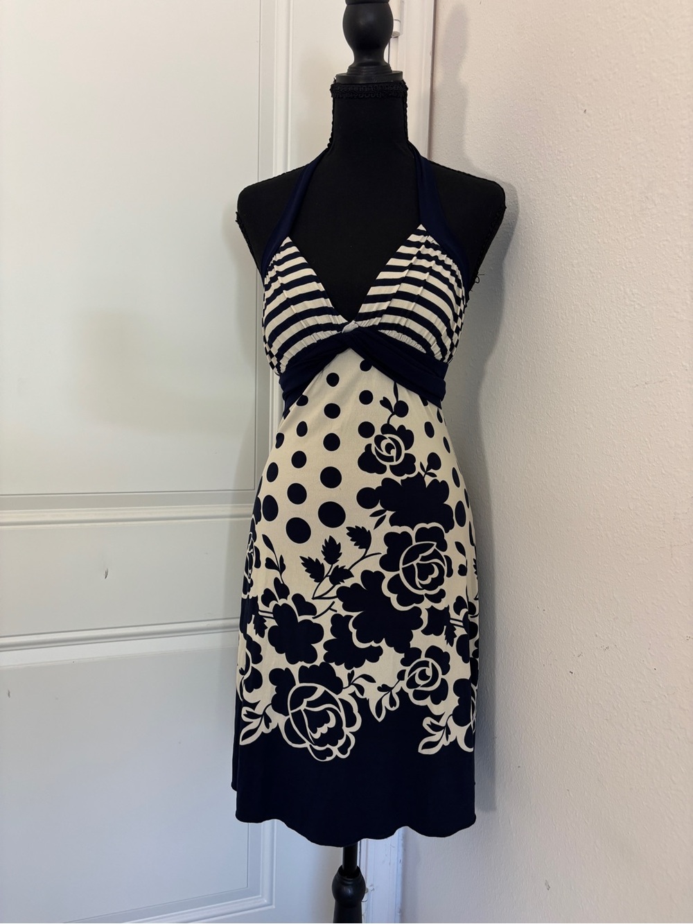 2000s Navy and White Halter Sundress with Floral & Stripe Mix